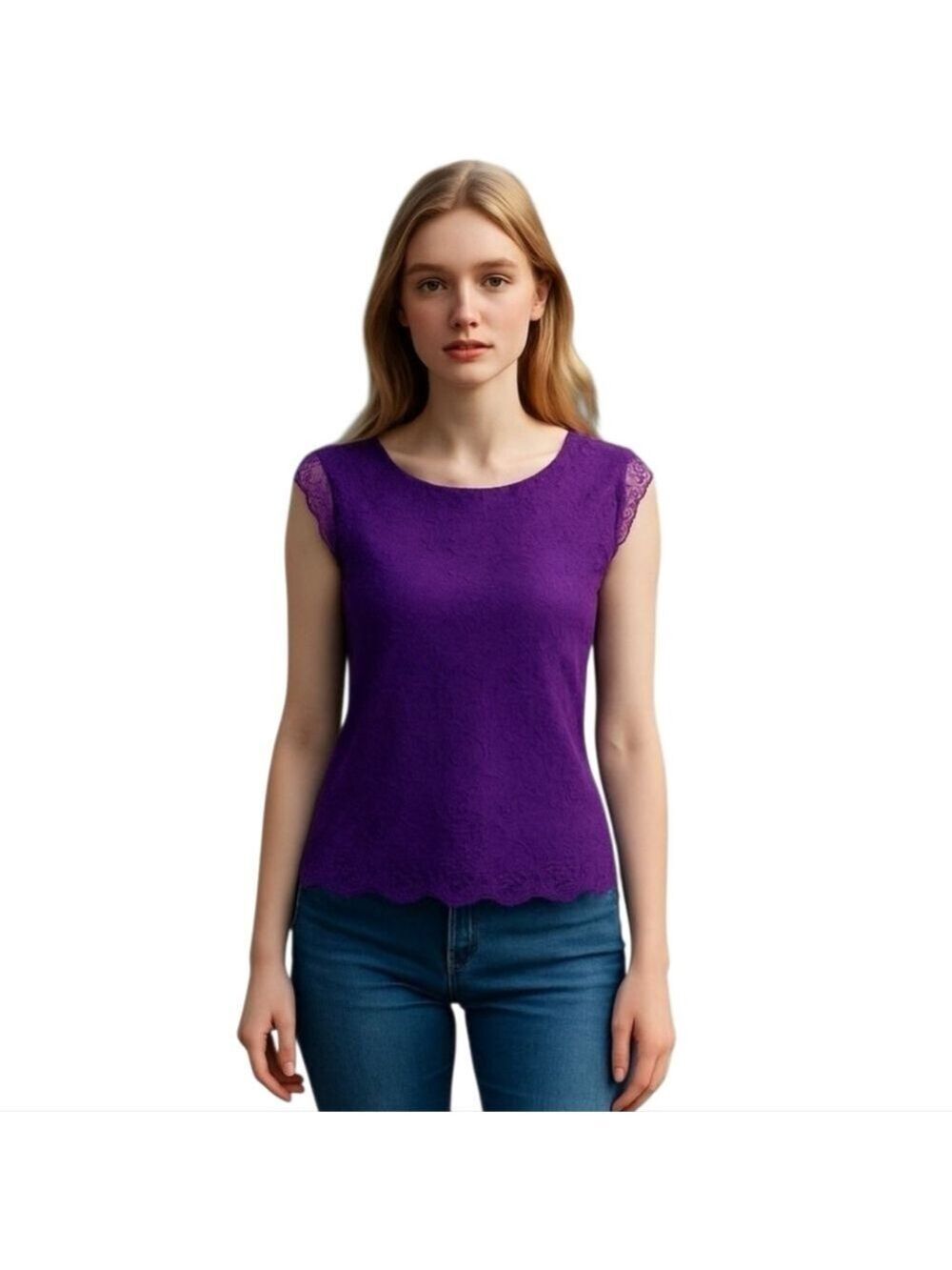 NEW York & Co Purple Lace Sleeveless Round Neck Blouse Top Shirt Rayon Blend